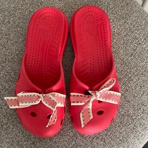 CROCS Rare Red Slip On Shoes With Red,Green & White Polka Dot Bow’s
